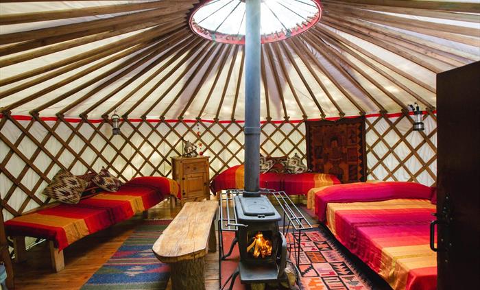 In its own private setting this is a very cosy and warm yurt with a central wood-burning stove, one double and two singles beds it sleeps 4 people.The